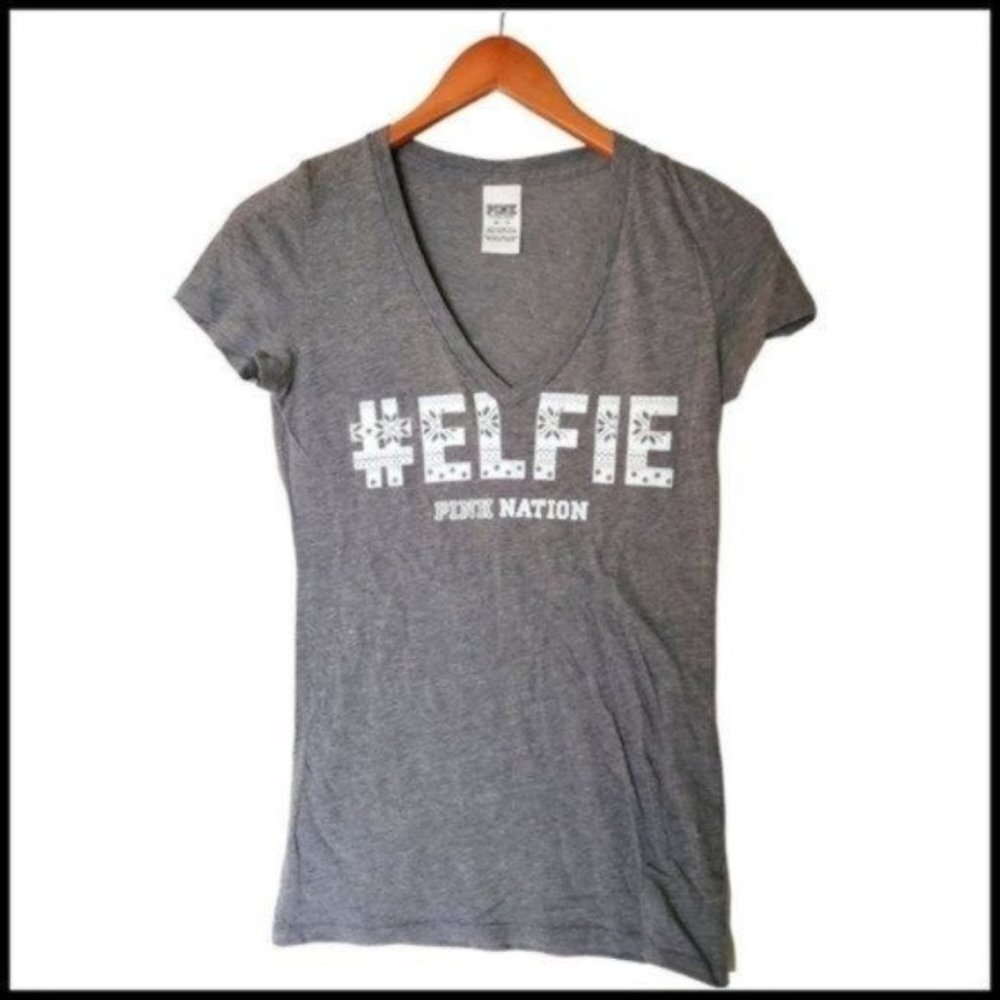 Pink Victorias Secret Womens Top Shirt Short Sleeve Elfie Gray XS Christmas